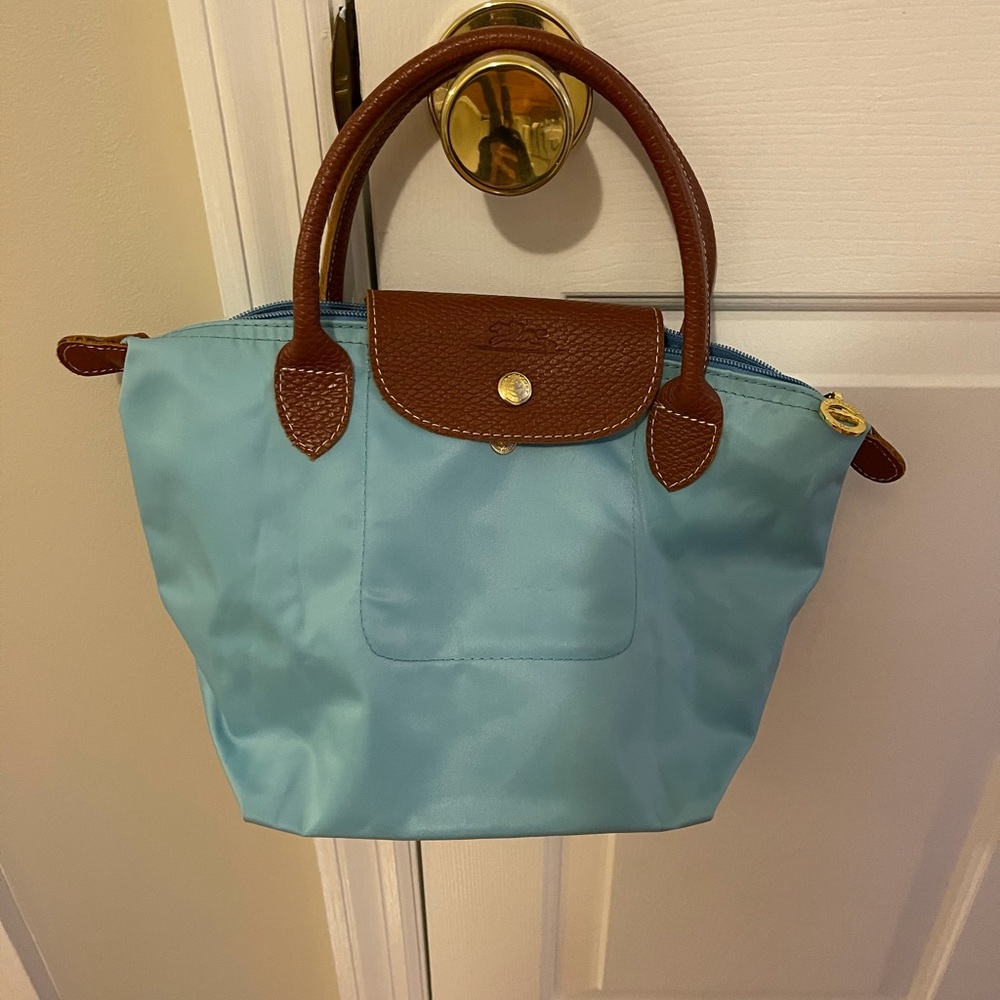 Baby Blue Nylon Handbag w/ leather/suede straps…